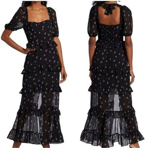 Wayf Black Floral CiCi Bustier Tier Back Tie Neck Maxi‎ Dress Size Medium